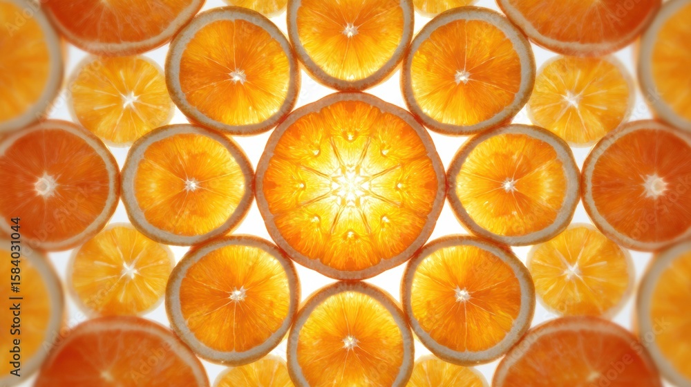 Poster sliced oranges arranged in a mesmerizing mandala with a symmetrical design featuring a soft motion b