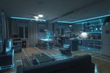 Interior design, futuristic kitchen, overlayed blueprint