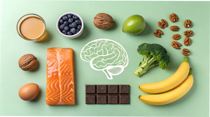 Naklejka premium Brain Boosting Foods A Flat Lay of Nutrients for Cognitive Health