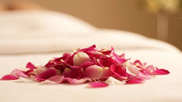 A mound of pink red and white rose petals sits on a white surface possibly a bed