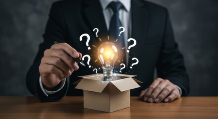 Business person holding pen with light bulb emerging from box surrounded by question marks