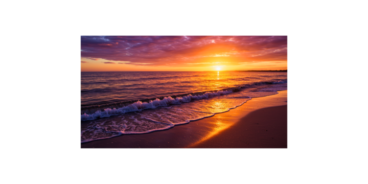 A serene coastline at sunset, with gentle waves lapping against the shore.