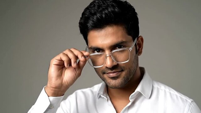 A man with dark hair and fair skin wearing clearframed glasses and a white collared shirt