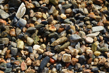 Large wet sea pebbles on the sea. Top view