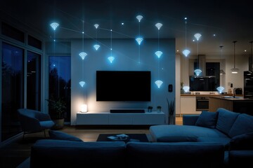 Modern smart home living room at night.  Illuminated by glowing, interconnected, diamond-shaped devices suspended from ceiling