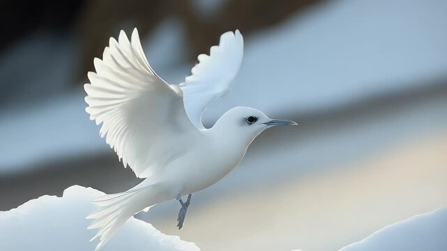 White Tern in Flight: Graceful Bird Soaring Above Snowy Landscape