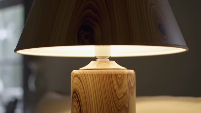 Illuminated wooden table lamp with a dark lampshade in a softly lit setting