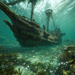 "Sunken Pirate Ships in Crystal Clear Waters with Cinematic Lighting"

