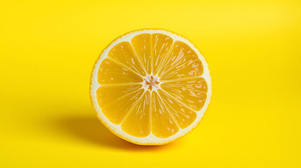 A citrusy half of a vibrant lemon shines bright against a sunny yellow background, bringing a fresh, tangy vibe to culinary projects and healthy lifestyle designs with its juicy texture.