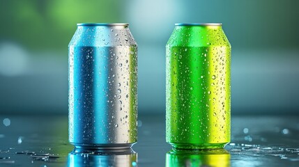 Two soda cans, one silver and one green, stand on reflective surface with condensation droplets
