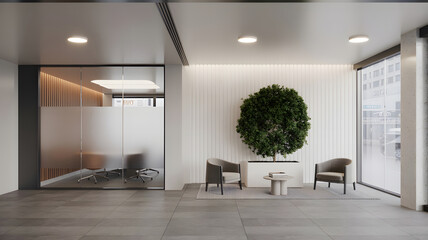 A stylish office lobby featuring a lush green tree and comfortable armchairs, creating a welcoming space with modern design elements and abundant natural light.