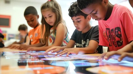 Elementary school children collaboratively engage with interactive learning technology - Powered by Adobe
