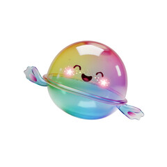 A vibrant planet-shaped illustration with a smiling face. Features a rainbow gradient, glitter details, and a transparent background.