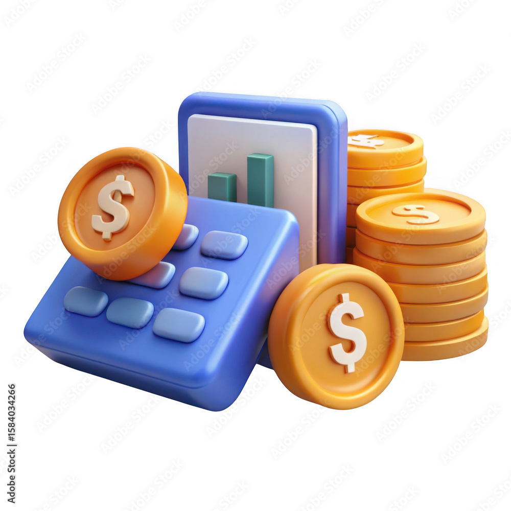 Poster 3d calculator and stacked coins with financial graph isolated on transparent background