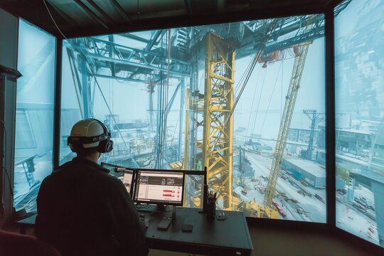 A man wearing a safety helmet operates a crane using a virtual simulation system in a control room.