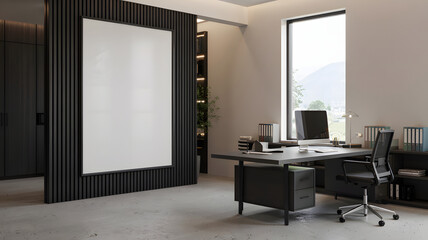 Modern office interior featuring a blank canvas for customization, paired with sleek furniture and a bright workspace designed for productivity.