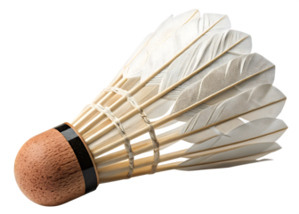 Close up of a white feather shuttlecock with a cork base and black band isolated on a transparent background