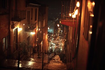 Nighttime city street scene with stairs and string lights