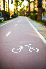 Empty bike lane stretching into distance with bicycle symbol painted on asphalt