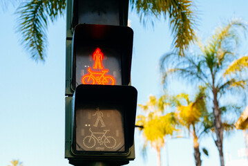 Pedestrian and bicycle traffic light showing red signal with palm trees in the background