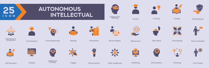 Autonomous Intellectual icons collection vector images in duotone style
containing several independent thinking, scholar, curiosity, essayist, whistleblower.
for Web and Application icons.