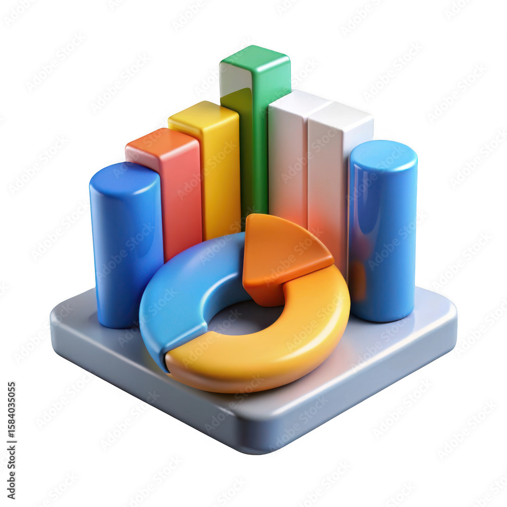 Poster colorful 3d bar chart and pie chart elements isolated on transparent background