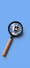 A magnifying glass focusing on a small robot with the letters ai on its screen on a blue background