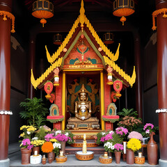 Fototapeta premium A beautifully arranged Thai spirit house decorated with flower garlands, incense, and small food offerings