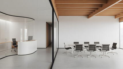 Bright, modern office interior showcases a conference room with a long table and sleek chairs, along with a curved reception desk area with glass walls.