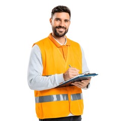 Man in orange safety vest writing on clipboard with pen smiling on white background studio shot