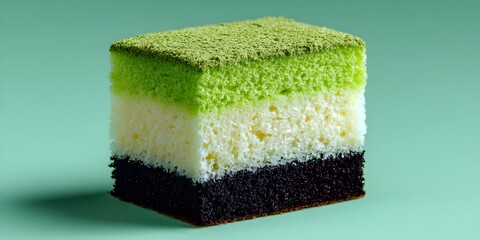 Delicious Three-Layer Matcha, Vanilla, and Chocolate Cake Slice with Green Tea Powder Topping