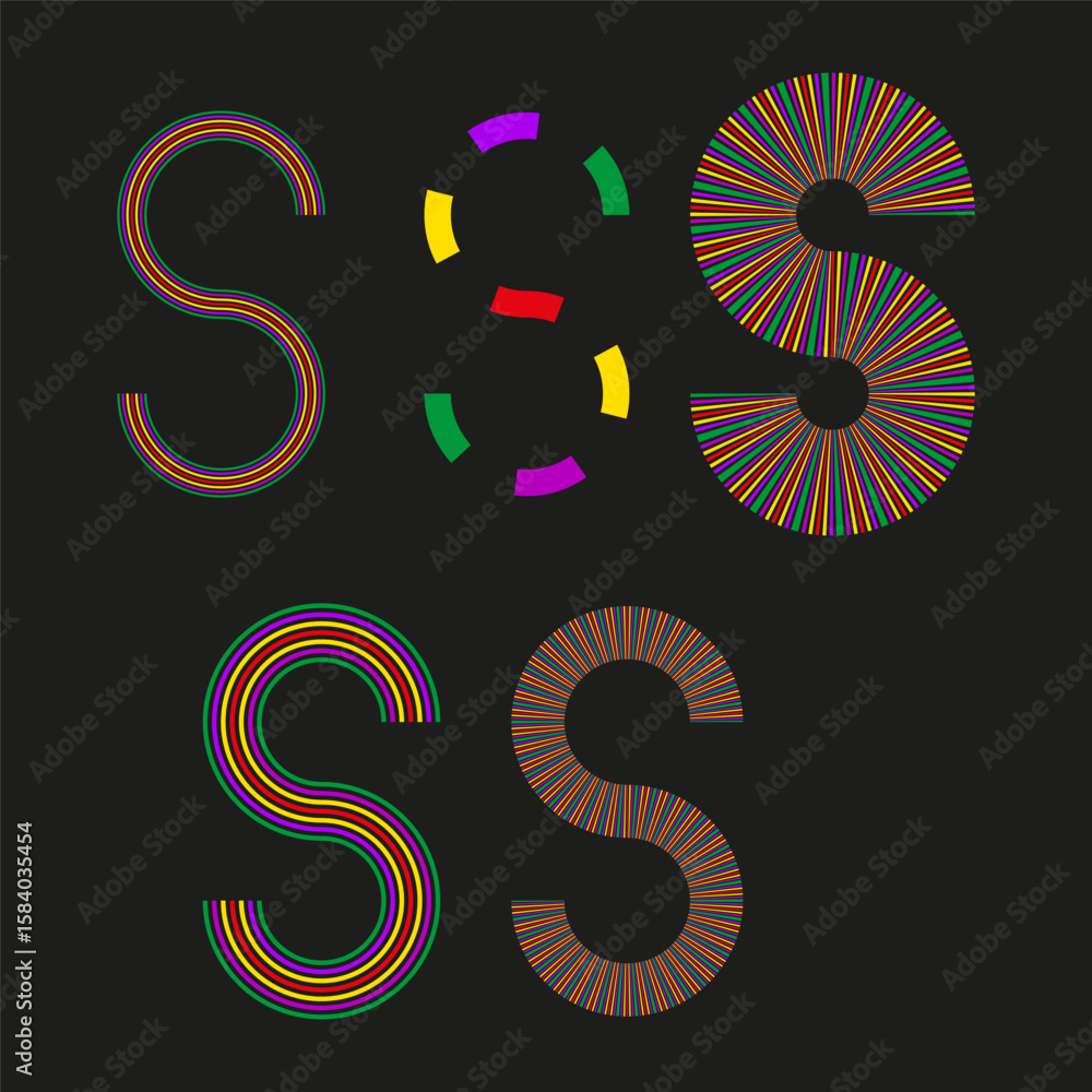 Poster abstract letter s. colorful stripe pattern. vibrant typographic vector. dynamic stroke design