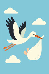 Illustration of a stork carrying a baby bundle in the sky with clouds on a blue background