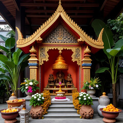 A beautifully arranged Thai spirit house decorated with flower garlands, incense, and small food offerings