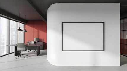 Modern office interior with a blank frame on the wall, offering space for your design mockups and business branding, showcasing a stylish and professional work environment.