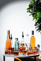 Variety of strong alcoholic drinks displayed on a table surrounded by greenery at a stylish...