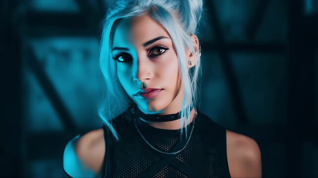 Latina alternative model with silver hair slowly turning under moody blue light, introspective cinematic fashion video