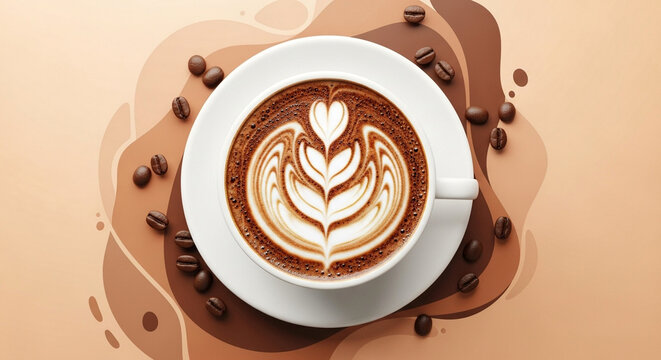 A beautiful cup of coffee with latte art in the shape of a heart and petals surrounded by coffee beans on a warm brown background