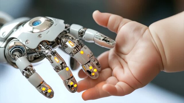 A robotic hand gently touches a baby's hand, symbolizing technological advancement and human connection