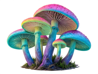Psychedelic rainbow colored mushrooms with detailed gills and stems on black background isolated on a transparent background