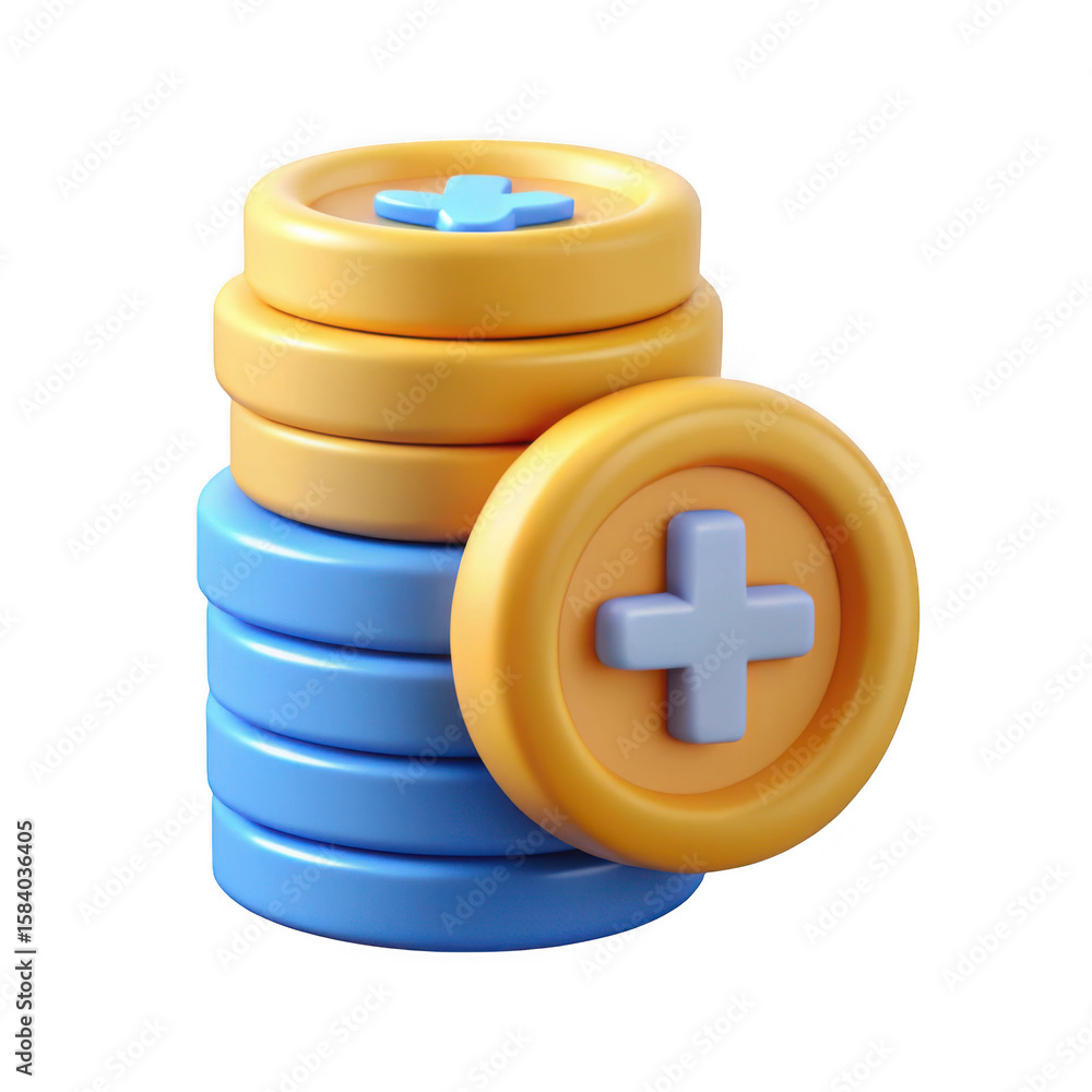 Poster stack of blue and yellow coins with plus symbols isolated on transparent background