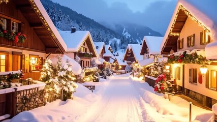 Alpine winter village at dusk - Powered by Adobe