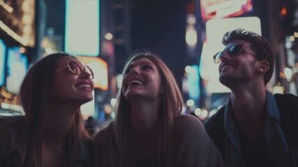 Three friends gaze up at dazzling city lights at night - Powered by Adobe