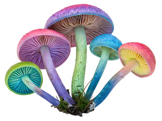 Vibrant psychedelic mushrooms with colorful caps and gills on black background isolated on a transparent background