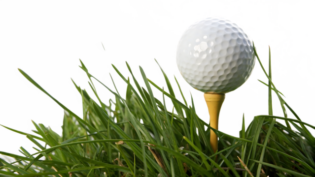 White golf ball resting on a yellow tee surrounded by green grass blades isolated on a transparent background