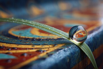 Dewdrop sphere rests on blade of grass on textured surface