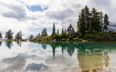Scenic View of Elfin Lakes Hike with Reflection and Cabin in BC, Canada
