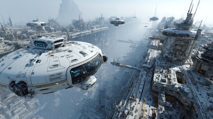 Futuristic Cityscape with Spaceships Flying Over a Sci-Fi Metropolis