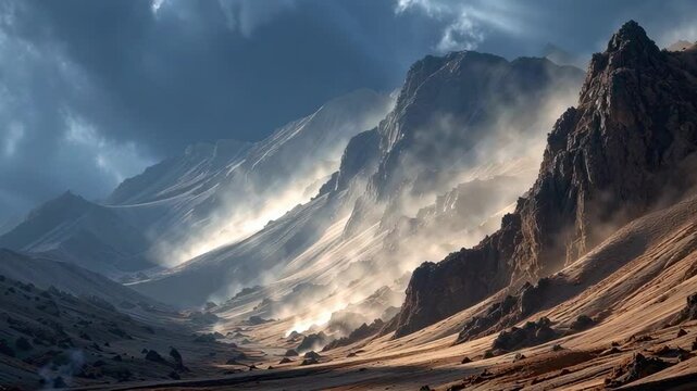 Dramatic Landscape Featuring Stark Black Rock Formations and Steaming Vents Under a Moody Sky
