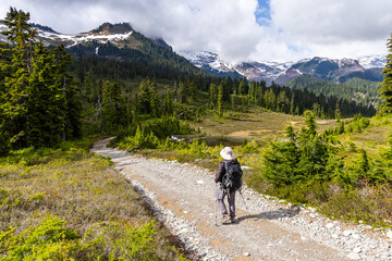 Hiker Exploring Elfin Lakes Trail in Squamish, BC with Snow-Capped Mountain Views